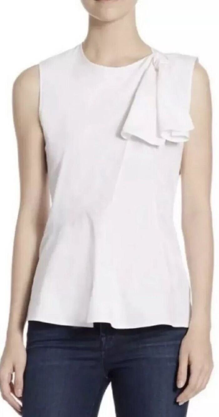 Theory Women's White Sleeveless Bow Front Stretch Cotton Blouse Tank Top Size S